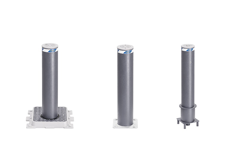 The new Security Line bollards with 127 mm diameter are available matching in all versions: automatic (left), semi-automatic (left), fixed (centre) and removable (right).
