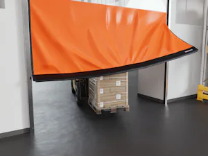 Good reasons to choose Hörmann high-speed doors and... Orange-coloured flexible high-speed door being ripped out of the side elements by a forklift.