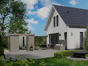 Gute Gründe für Hörmann Stauraumsysteme: Weißes Haus mit Terrasse und grauem Gerätehaus