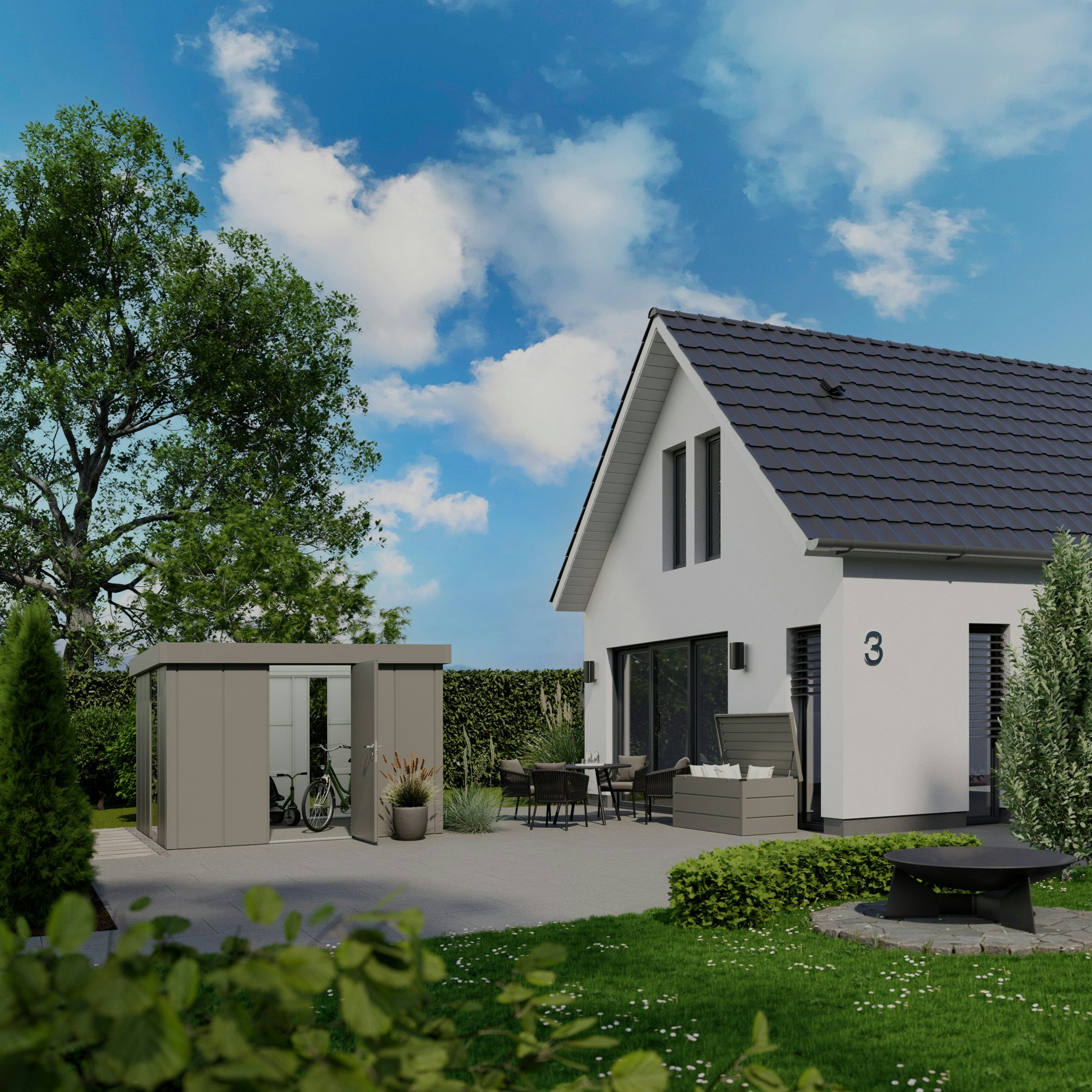 The Juno tool sheds offer high-quality storage space for outdoor use and can be customised by the end customer. White house with a patio and grey tool shed