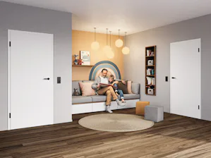 Zuhause ist der Ort für die wertvollsten Erinnerungen und... Vater sitzt mit Sohn im Kinderzimmer und ließt ein Buch