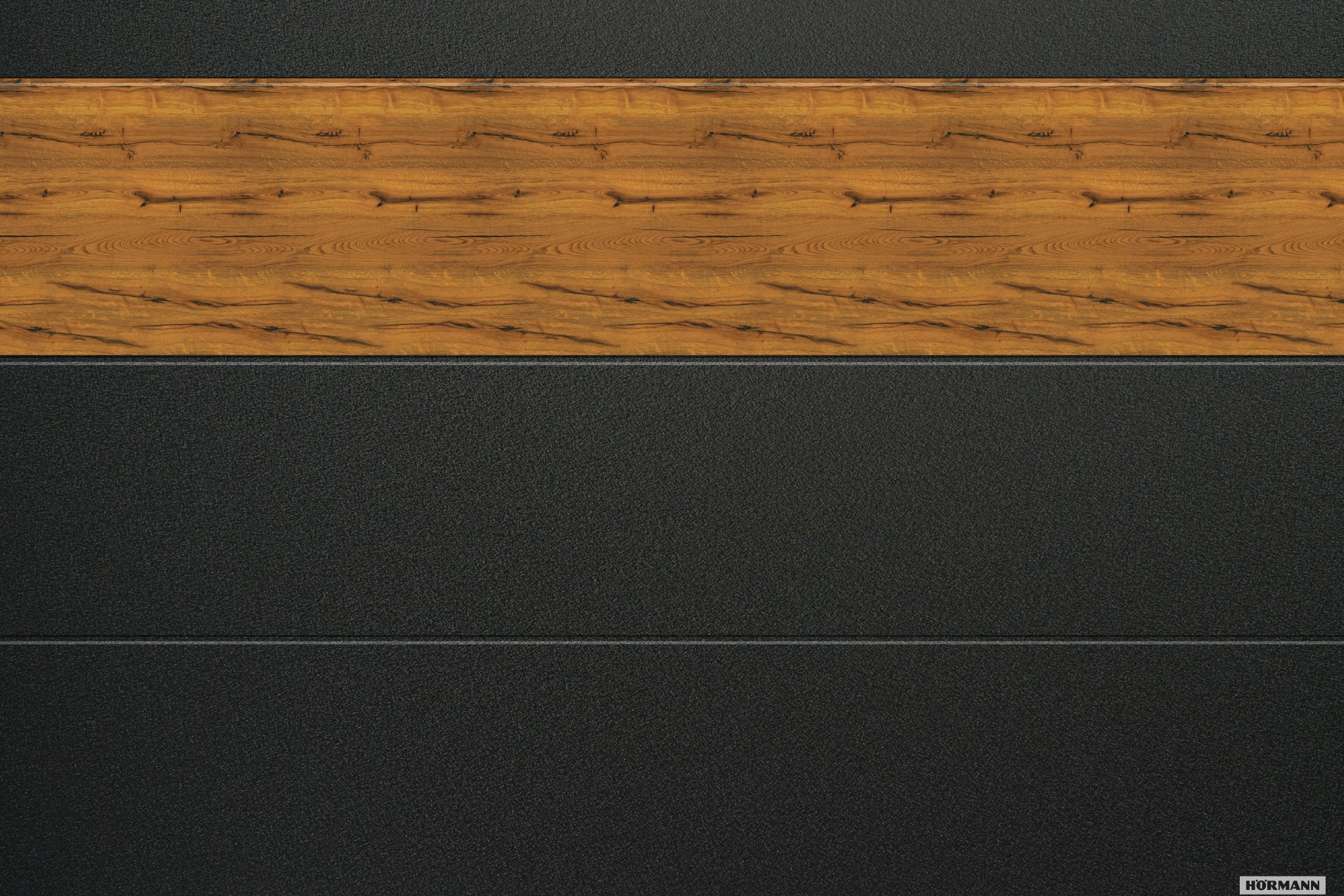 More than 30 modern Duragrain decors or 6 classic Decograin decors are available and offer a wide range of design options to individualize the door leaf with different sections. Black garage door with different section in wood decor
