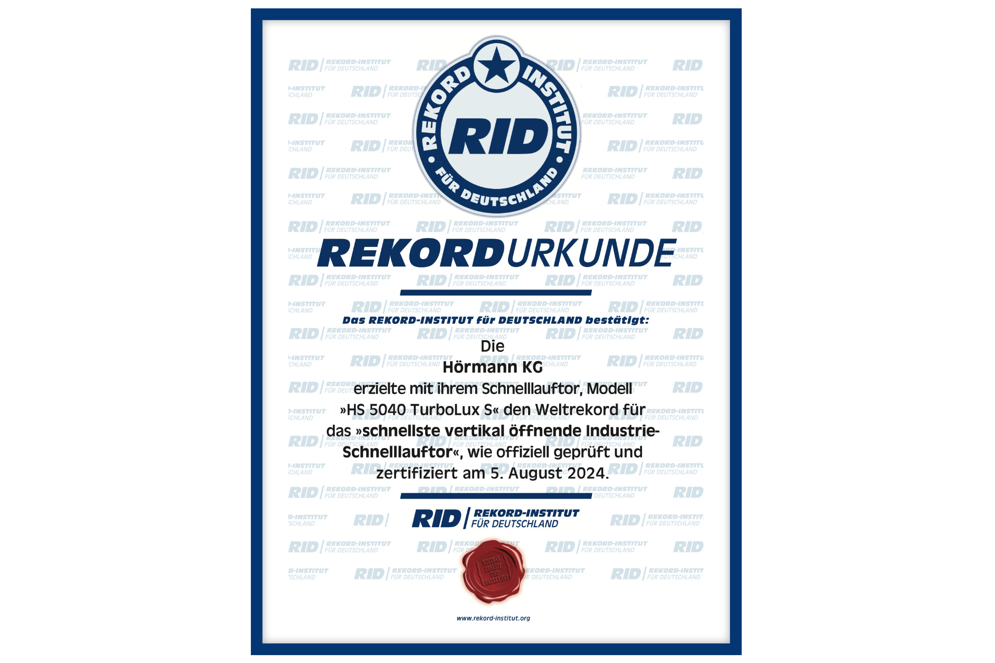 The Record Institute for Germany is the German equivalent of the Guinness Book of Records and has officially confirmed the world record of the HS 5040 TurboLux S. Certificate from the Record Institute for Germany