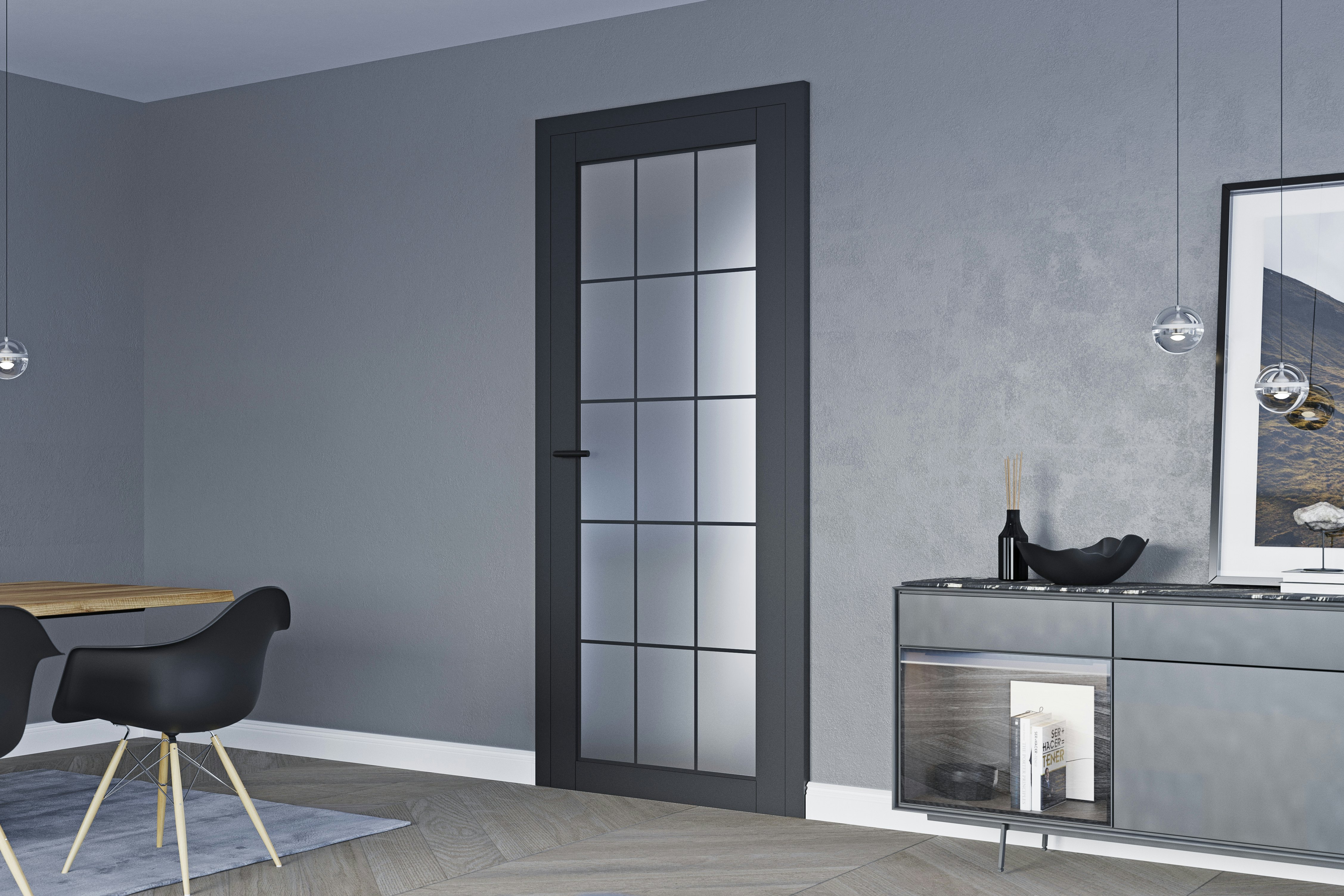 Wood and glass elegantly combined: DesignLine Palladio room door - here Loft Design 3-5. Living room with dining table and DesignLine Palladio 2-5 room door