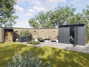 Good reasons to try Hörmann storage space systems: Garden with a tool shed, firewood rack and garden box