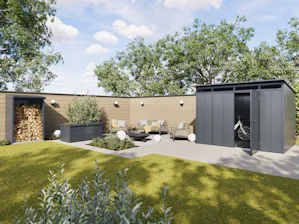 Gute Gründe für Hörmann Stauraumsysteme: Garten mit Gerätehaus, Kaminholzregal und Gartenbox