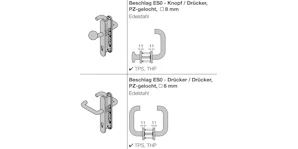Drücker-Drücker oder als Knopf-Drücker erhältlichDorn 8mmNur... Drücker-Drücker oder als Knopf-Drücker erhältlichDorn 8mmNur mit Profilzylinder-Ausschnitt erhältlichAuch als Aluminium-Garnitur erhältlich
Hinweis:
ES0 = geringe EinbruchhemmungES2 = mässige...