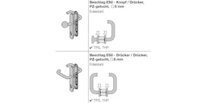 Disponible en béquille-béquille ou bouton-béquilleAxe 8... Disponible en béquille-béquille ou bouton-béquilleAxe 8 mmDisponible uniquement avec découpe pour cylindre profiléDisponible également comme garniture en aluminium
Remarque :
ES0 = protection...