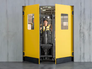 Double-action doors made of polyethylene, stainless steel, timber and HPL compact board