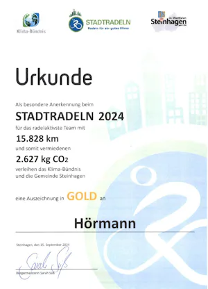 JobRad
Hörmann Mitarbeitende haben die Möglichkeit,... Das Hörmann Team am Standort Steinhagen erreichte beim Stadtradeln den ersten Platz in der Kategorie Unternehmen/Betriebe