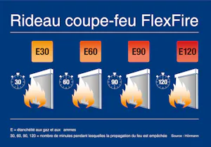 Rideau coupe-feu possédant une classe de résistance au feu pouvant atteindre E120 Le FlexFire Hörmann est composé d’un tissu en filaments de verre renforcé par du fil d’acier V4A et est disponible, selon les exigences en matière de protection anti-incendie, dans les classes de...