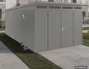 Berry-Gerätehaus mit Pultdach Wollen Sie einen etwas markanteren Akzent setzen und einen modernen Look kreieren? Dann ist für Ihr Gerätehaus ein Pultdach mit einer nach hinten geneigten Dachfläche und einem eleganten Dachvorsprung...