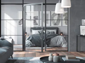 Bei uns bekommt jede Lofttür den perfekten Griff – eine... Moderne Lofttür trennt modernes Wohnzimmer und Schlafzimmer