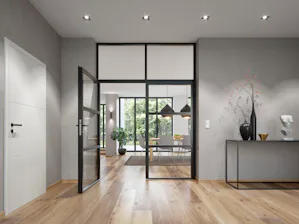 Loft doors in Jet black matt are optimally matched to the black lever handles and fittings of the Hörmann black.edition for residential internal doors. Thanks to the combination of glass and steel, rooms with loft doors from Hörmann can be opened, and also separated from each other. This also achieves natural light and maximum transparency. The clear...
