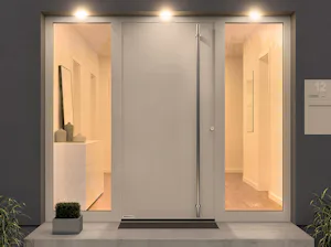 Elemente laterale și supralumini Ușă de intrare în locuință ThermoSafe, albă, cu două elemente laterale și iluminare