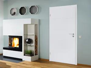 DesignLine Gefälzte Holztür DesignLine Stripe 15, Duradecor Weißlack, Drücker Linea Edelstahl matt