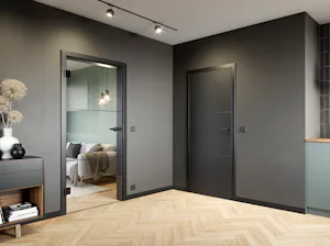 Az üvegajtók amellett, hogy ízlésesek és elegánsak, nyitottá... A DesignLine GrooveGlass motívumai tökéletesen illeszkednek a DesignLine Groove faajtók nézetazonos megjelenésű motívumaihoz. Itt a képen: Az új GrooveGlass black 31 motívum a mélyfekete RAL 9005 színű Groove 31 faajtóval kombinálva.