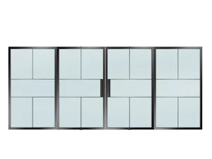 Zwei Pivottüren mit zwei Seitenteilen und Glashalteleiste Slim Sind Sie auf der Suche nach einer Tür, die durch schlichte Eleganz besticht, direkt im Boden und an der Decke verankert ist und sanft in beide Richtungen schwenkt? Unsere Pivottüren bieten genau diese...