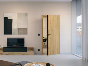 ProLine Drevené dvere ProLine bez falcu, Duradecor, divoký dub, pozdĺžna štruktúra, kontrastná hrana 4Protect v čiernej farbe, kľučka Linea Planar black.edition
