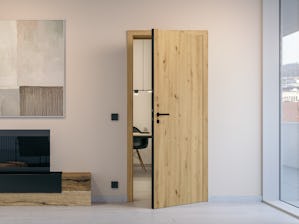 Puerta de madera de cierre romo ProLine, roble salvaje Duradecor con vetas longitudinales, borde en contraste 4Protect en negro, taburete Linea Planar black.edition
