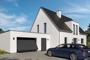 Elektrische garagedeur | Kanteldeur Hörmann Een auto wacht tot de elektrische garagedeur opengaat. Deze garagedeur is een kanteldeur van Hörmann.