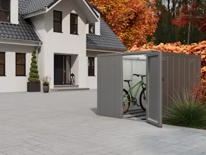 Sichere, wettergeschützte Aufbewahrung von bis zu zwei... offenstehende Fahrradgarage vor einem Haus