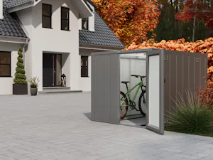 Sichere, wettergeschützte Aufbewahrung von bis zu zwei... offenstehende Fahrradgarage vor einem Haus