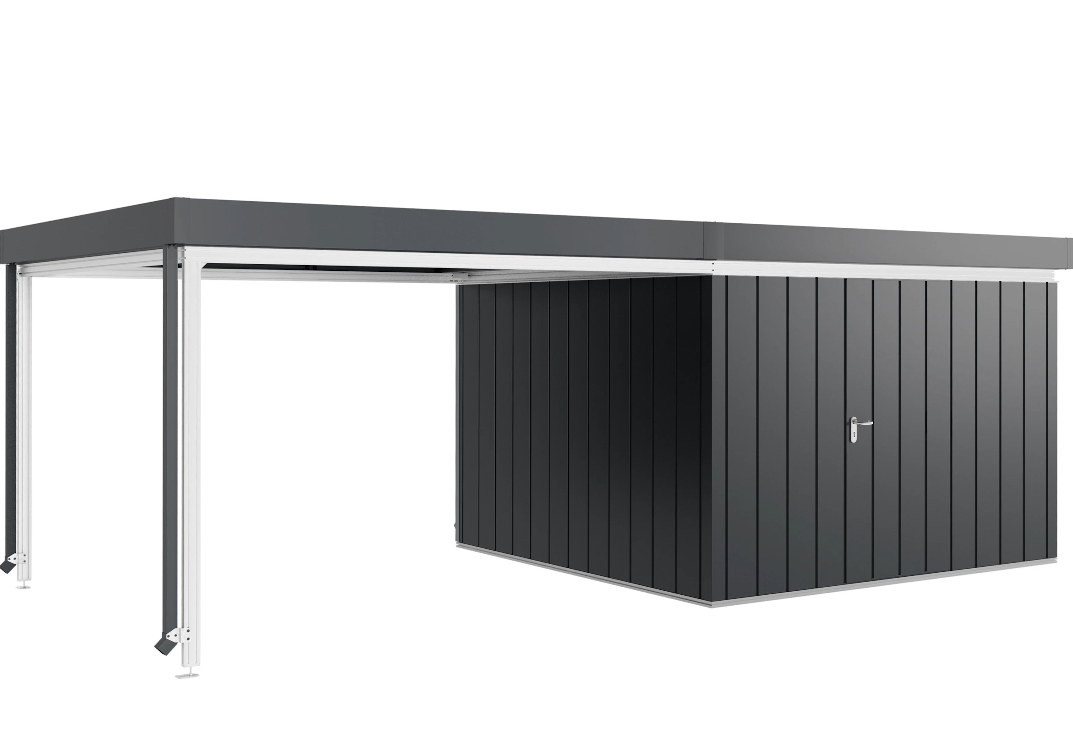 Juno-redskapsbod i motiv Modern med loungetak och... Juno-redskapsbod i motiv Modern med loungetak och multifunktionsprofil som tillval 