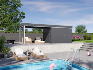 Juno redskapshus med flatt tak Et Juno-redskapshus med flatt tak gir hagen din et markant preg. Det minimalistiske, moderne designet passer perfekt inn i enhver moderne hageutforming. Med en komfortabel gjennomgangshøyde på nesten...