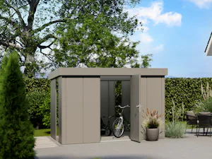 Motív Design Záhradný domček v motíve Design vás presvedčí svojimi širokými, vertikálnymi líniami, ktoré mu dodajú moderný a elegantný charakter. Vďaka skrytým skrutkám, nitom a závesom dverí pôsobí domček...