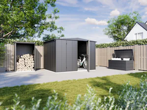 Mit dem gewissen Extra wird Ihr Gerätehaus noch ein bisschen... Garten mit bequemer Sitzgruppe, modernem Kaminholzregal und geräumigen Gerätehaus