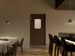 Kyvné dveře z kompaktní laminátové HPL desky HPL-180 s plochým profilem a volitelným ochranným profilem proti nárazu z ušlechtilé oceli