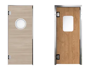 Timber double-action door HPH-180 (left) / HPL double-action door HPL-180 (right) Our double-action doors are available in four versions: The door leaves of PE double-action doors consist of 15 mm thick moulded polyethylene PE 500 and are extremely durable and robust. The stainless...