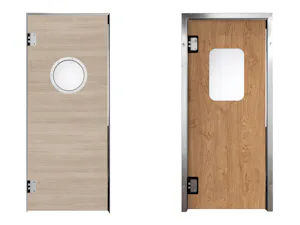 Houten pendeldeur HPH-180 (links) HPL-pendeldeur HPL-180 (rechts) Onze pendeldeuren zijn verkrijgbaar in vier uitvoeringen: de deurbladen van de PE-pendeldeuren bestaan uit 15 mm dik, geperst polyethyleen PE 500 en zijn extreem slijtvast en robuust. De...