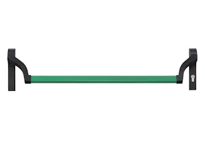 Porte pedonali integrate senza soglia Il maniglione antipanico disponibile come optional – qui con tubo in acciaio rivestito di verde – consente un passaggio pedonale particolarmente rapido senza aprire l'intero portone.