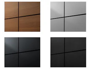 Portes sectionnelles en aluminium pour une architecture sophistiquée Des panneaux TRESPA®METEON® Italian Walnut NW08 mat (en haut à gauche), Paris Silver LM 5101 Diffuse (en haut à droite), Anthracite Grey A25.8.1. satiné (en bas à gauche) et Natural Slate NA18 mat (en bas à droite) sont disponibles.
