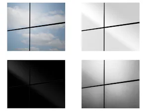 Portes sectionnelles en aluminium pour une architecture sophistiquée Des panneaux ALUCOBOND® naturAL Reflect 405 (en haut à gauche), Solid Colours Pure White 10 / 100 (en haut à droite), Solid Colours Black 326 (en bas à gauche) et naturAL Brushed 400 (en bas à droite) sont disponibles.