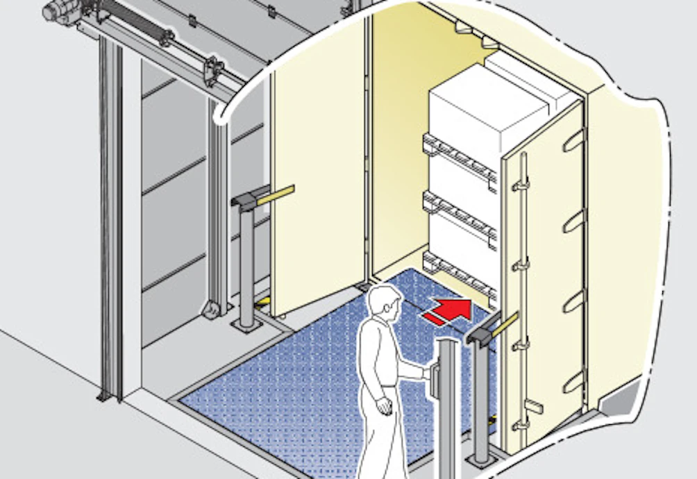 6. Dockleveller uitschuiven
De uitschuiflip met een lengte... 6. Dockleveller uitschuiven
De uitschuiflip met een lengte van 500 mm overbrugt de afstand tussen het bordes en de trailer en kan tot op de centimeter nauwkeurig worden gepositioneerd.