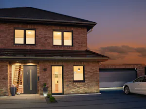 ThermoSafe Hybrid motivo 189, nel colore preferenziale grigio antracite RAL 7016, opaco Coibentazione termica particolarmente elevata grazie all'intelaiatura della porta in alluminio di 80 mm a taglio termico, dotata di serie di una serratura di sicurezza a 5 punti e dell'RC 4 per le...