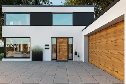 Aluminium-Haustür ThermoSafe Motiv 860 Türblatt in MatchDecor Stadelholz, Garagen-Sektionaltor L-Sicke Duragrain Stadelholz grau.jpg