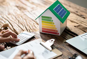 Subsidie op Modelhuis met energielabel en zonnepaneel op tafel, naast rekenmachine en clipboard voor ISDE subsidieaanvraag.