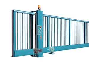 Hörmanns skjutgrindar av stabila stålprofiler levereras som...  Närbild på skjutgrinden dess rullar som skapar grindens rörelse. ovanpå sitter en lampa som blickar när grinden rör sig.