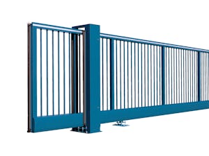 Hörmanns skjutgrindar av stabila stålprofiler levereras som... Närbild på en skjutgrind utan synliga rullar och lampa.