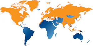 Hörmann gruppen är ett expanderande företag inom... Världskarta med orange färglagt där Hörmann finns representerade: Noramerika, Grönland, större delen av Europa, och Asien.