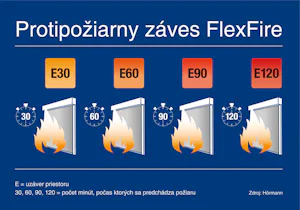 Protipožiarny záves s triedou požiarnej odolnosti do E120 Hörmann FlexFire pozostáva z tkaniny zo sklenených vlákien vystuženej drôtom V4A a v závislosti od požiadavky na protipožiarnu ochranu je dostupný v triedach požiarnej odolnosti E30, E60, E90 a E120....