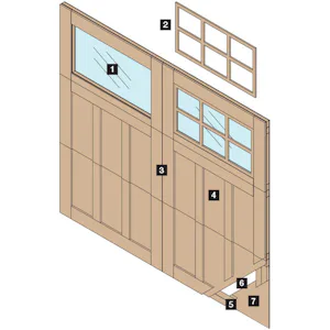 Perfil Vidrio recocido transparente de 1/8" Rejilla de ventana de madera extraíble Revestimiento de madera natural de 5/8" Cara de madera contrachapada de caoba Luan de 1/4" Dobladillo de 1-1/8"/Marco de...