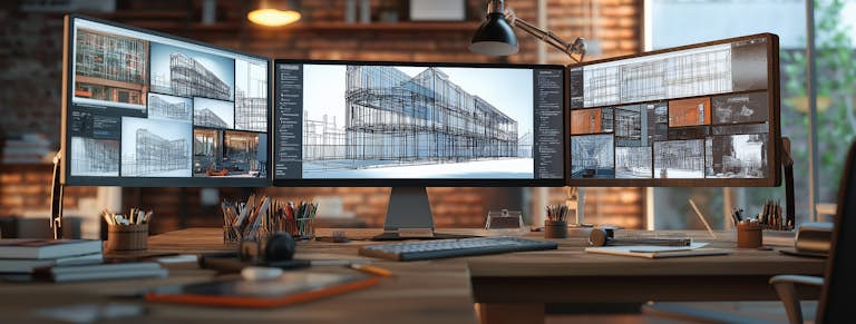 Architect Computer Screens showing building designs