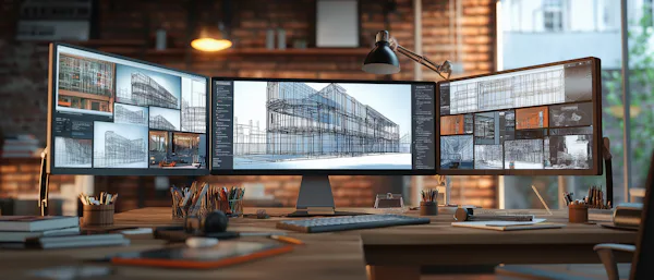 Architectural Support & AIA Continuing Education Row of three computer monitors with architectural drawings on them