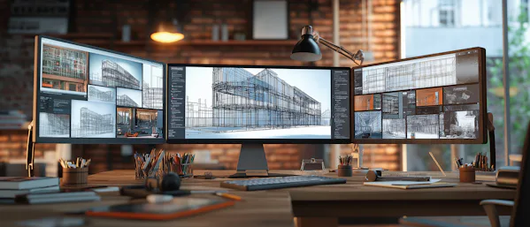 Comprehensive Support: Your Success Is Our Priority Three computer monitors side-by-side displaying architectural drawings