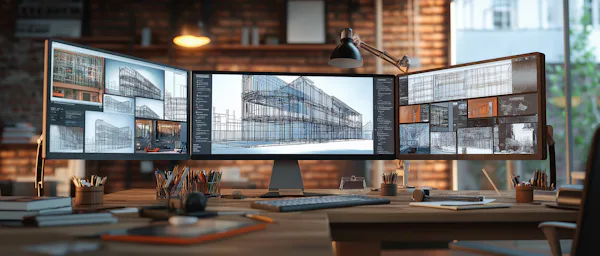 Comprehensive Support: Your Success Is Our Priority Architect's Desk with Three Computer Screens